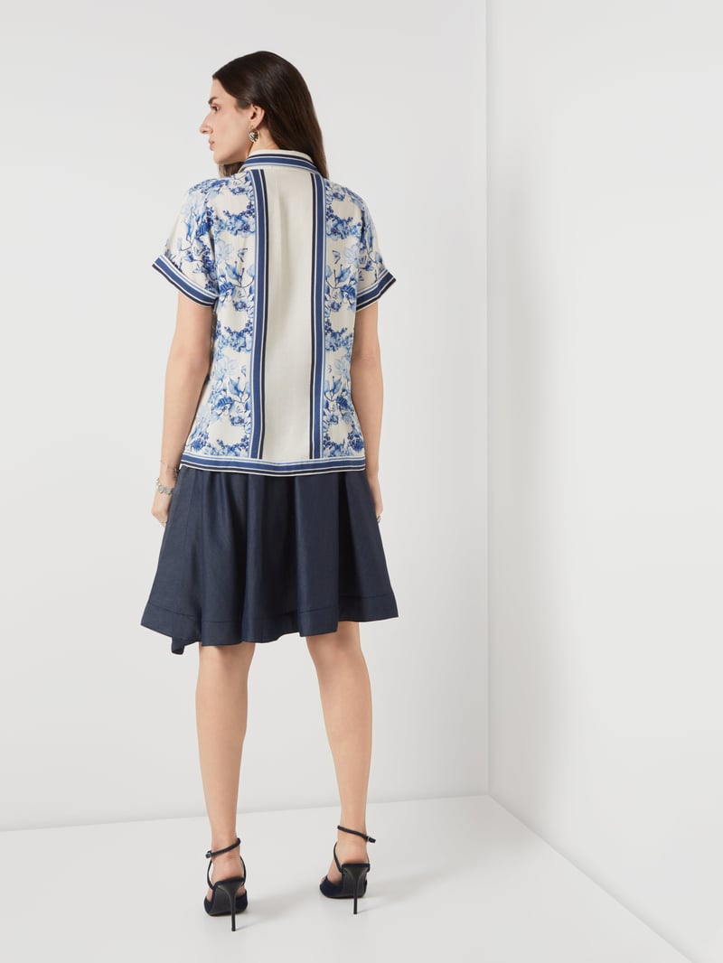 Cream and Navy Floral Border Print Cotton-Linen Shirt