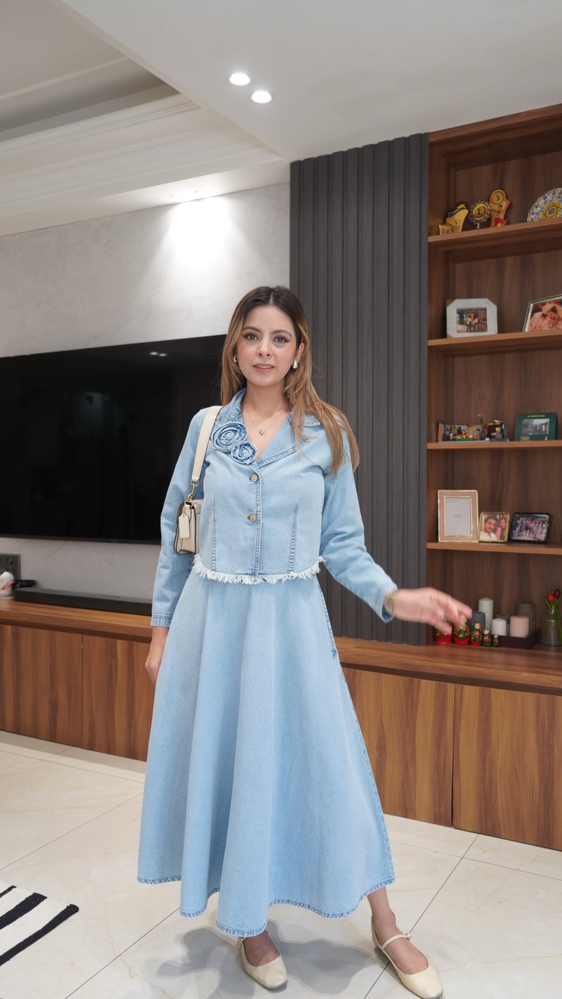 Blue Denim Top and Midi Skirt Co-ord Set