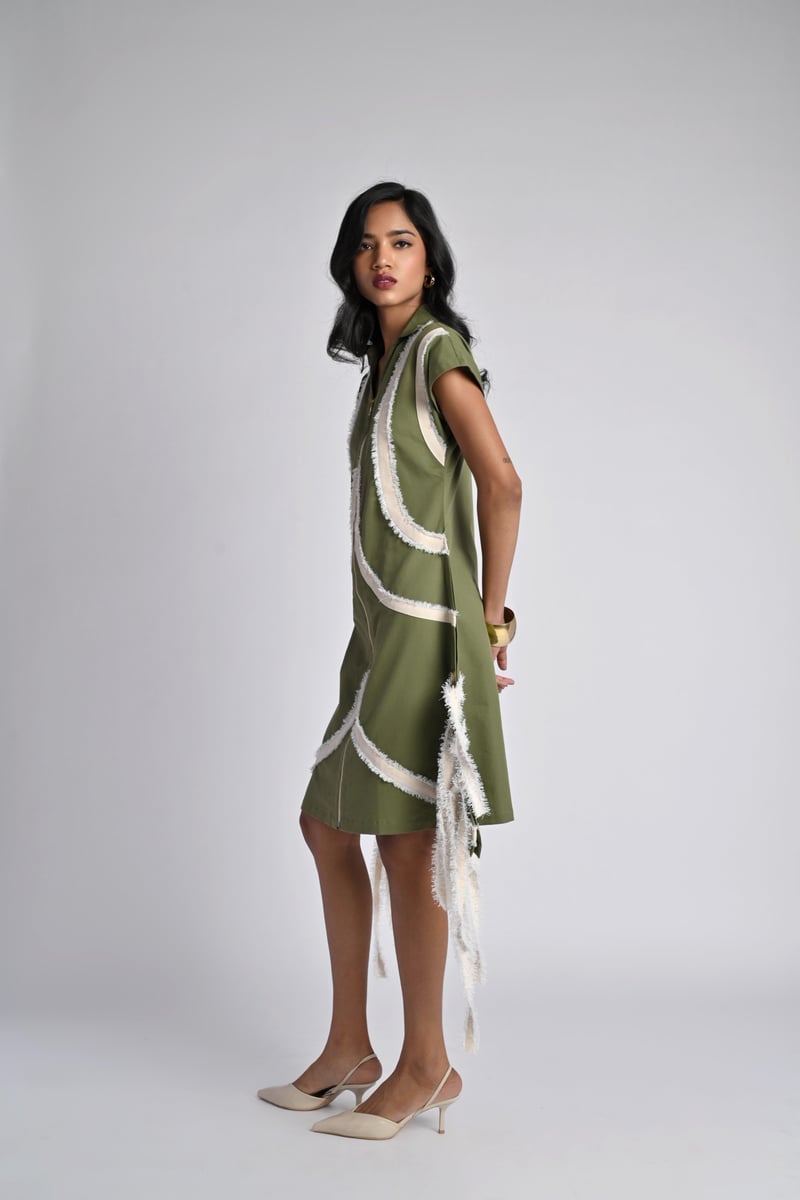 Olive Colorblocked Zip-Front Fringe Dress