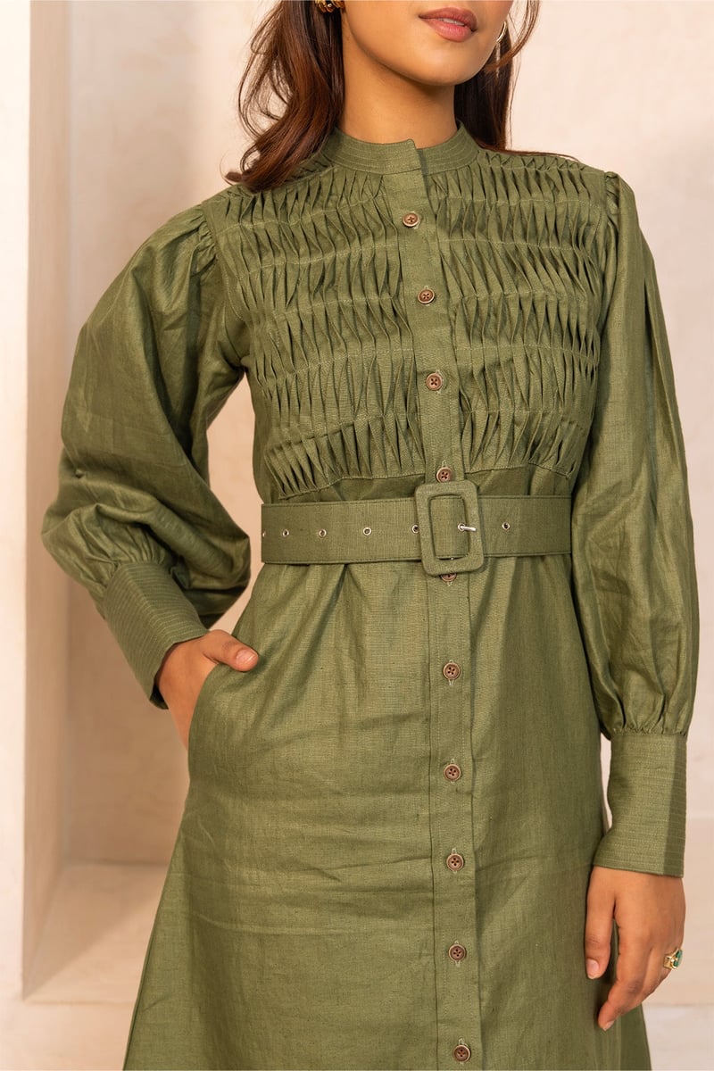 Olive Hemp Midi Shirt Dress with Belt