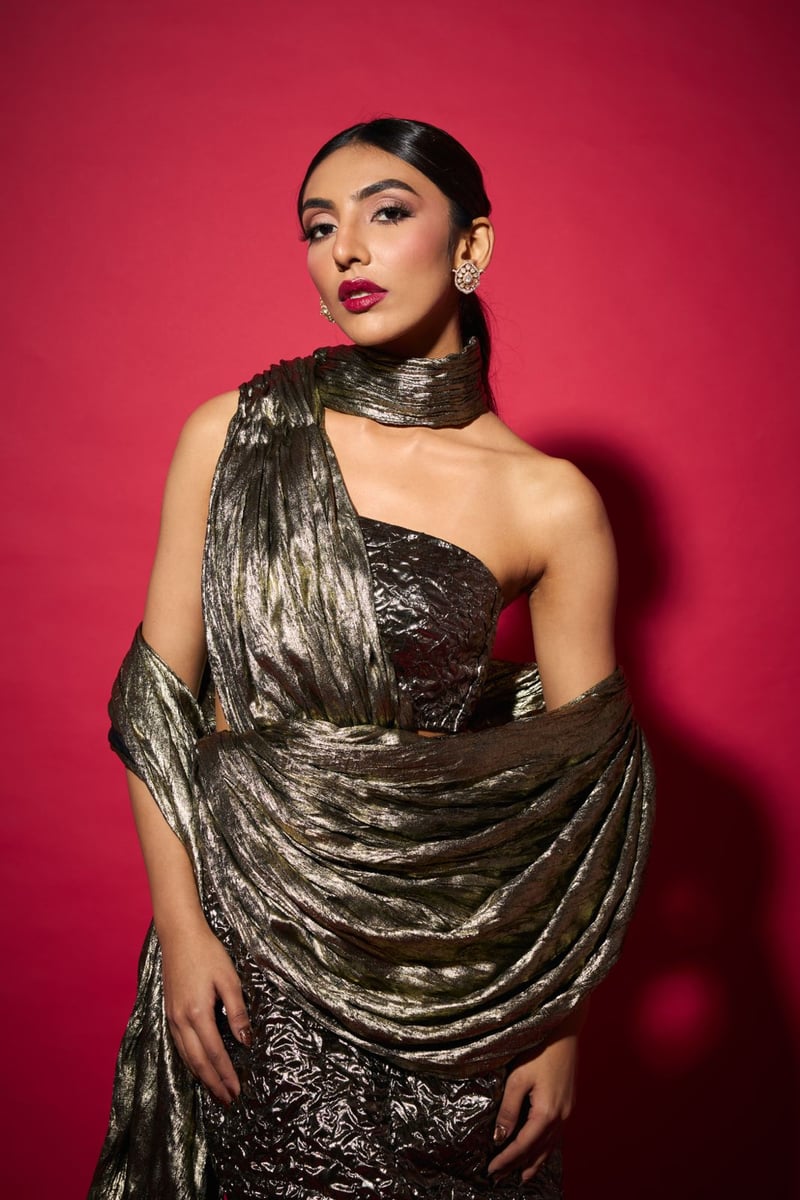 Metallic Gold Saree-Drape Maxi Gown Dress