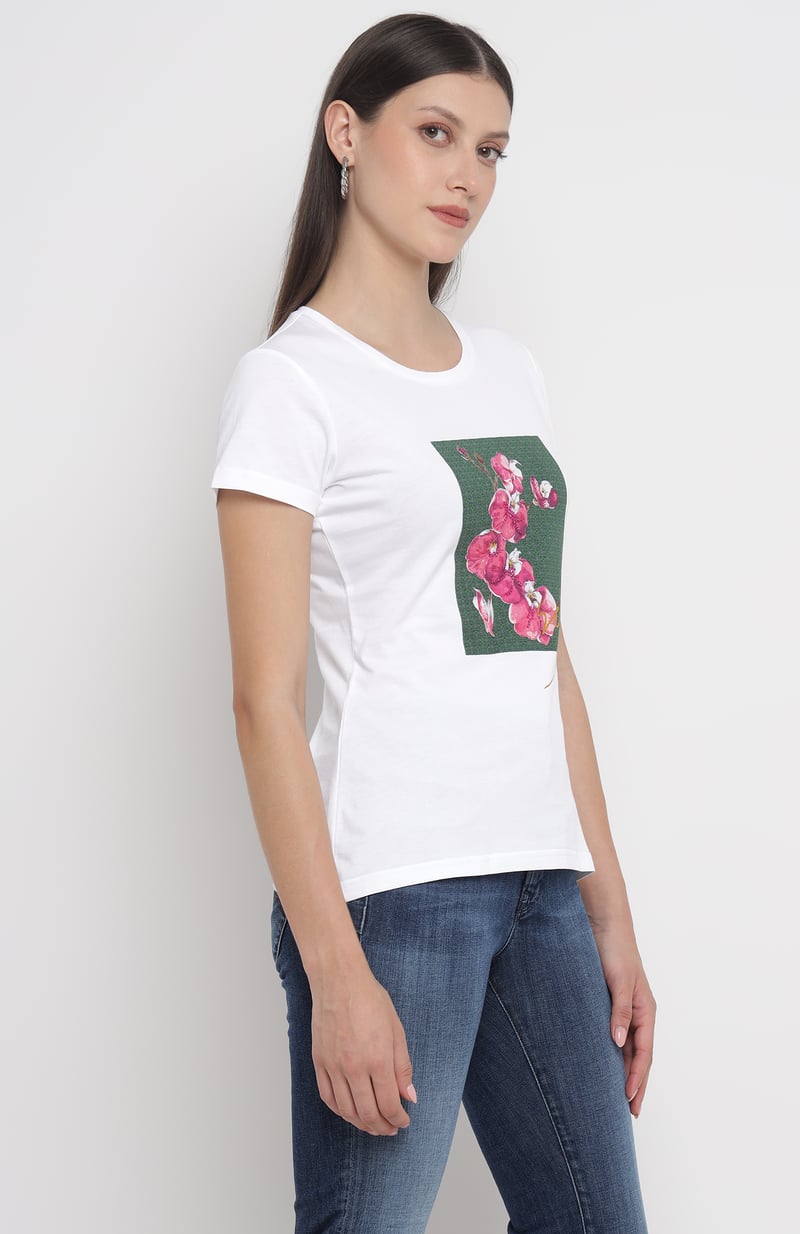 White Cotton Crew Neck T-shirt with Floral Graphic Print