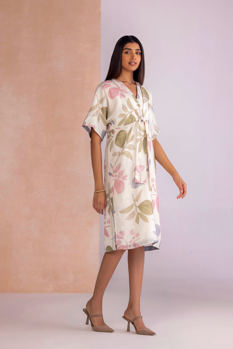 Sahara Watercolor Floral Linen-Blend Cinch Dress