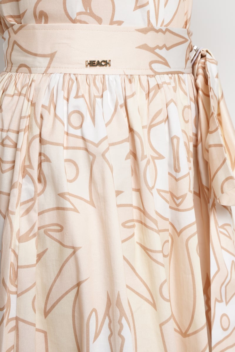 Beige Abstract Geometric Print High-Waist Midi Skirt