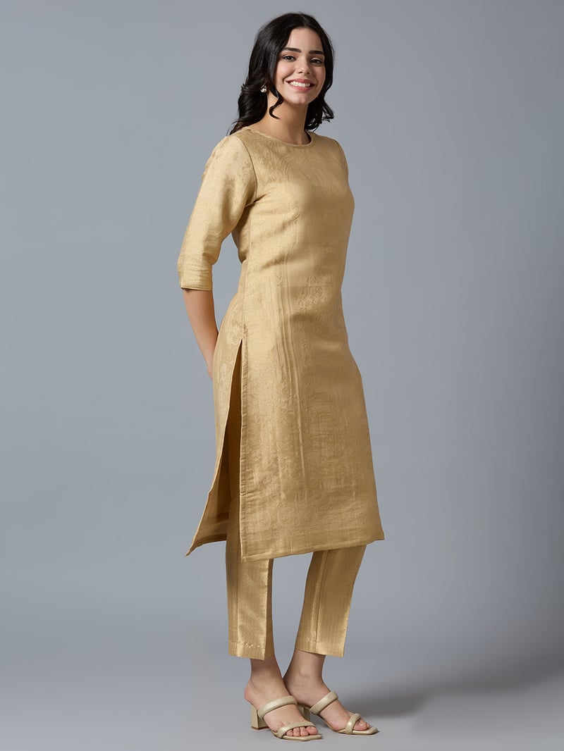 Navy/Gold Brocade Straight Kurta with 3/4 Sleeves