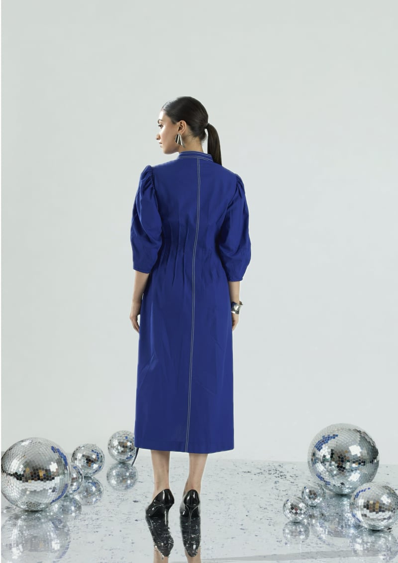 Royal Blue Button-Front V-Neck Midi Dress