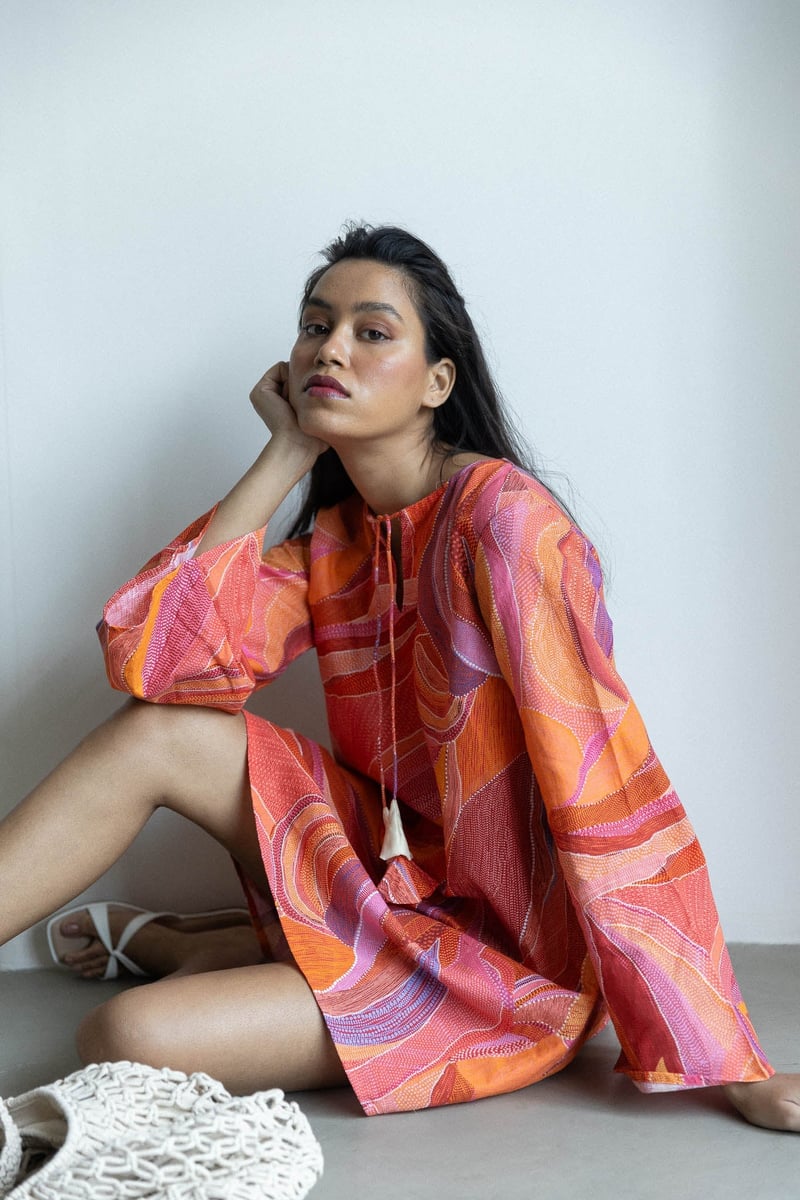 Orange/Multicolor Abstract Print A-Line Mini Dress