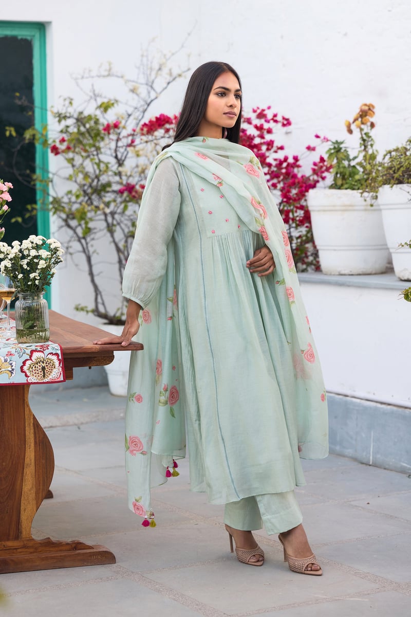 Ice Blue Hand-Painted Floral A-Line Kurta Set