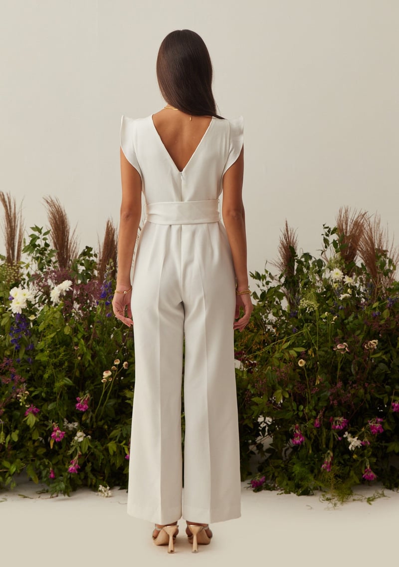 White Crepe V-Neck Wide-Leg Jumpsuit with Belt