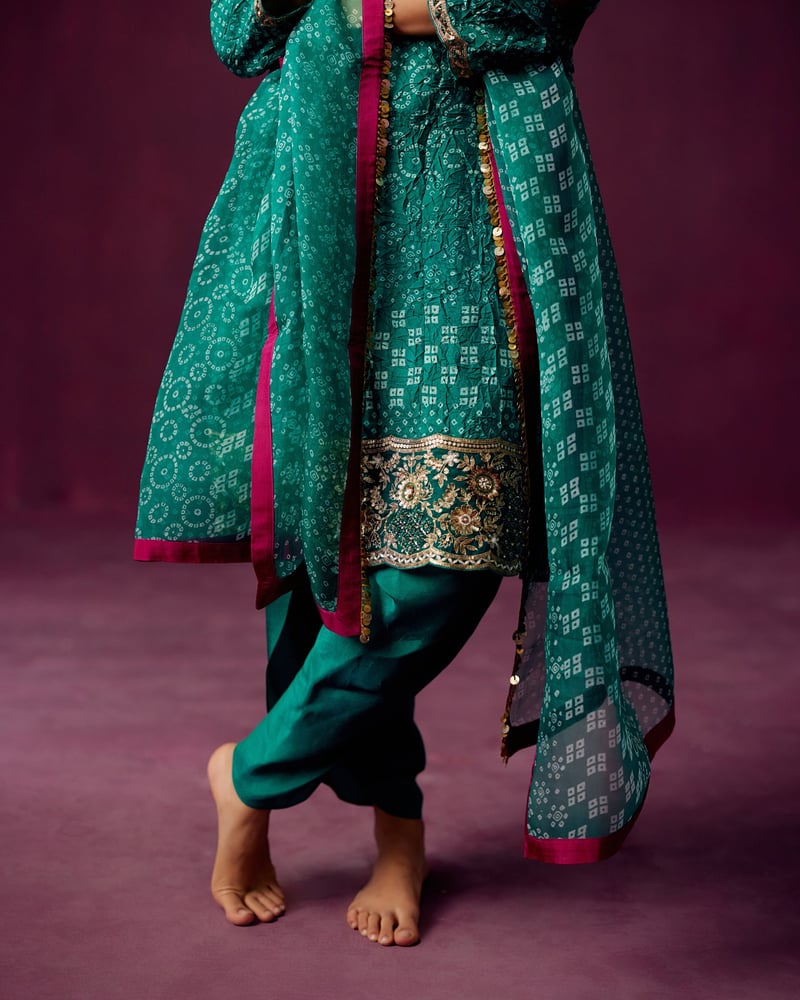 Emerald Green Bandhej Print Kurta Set with Dhoti and Dupatta