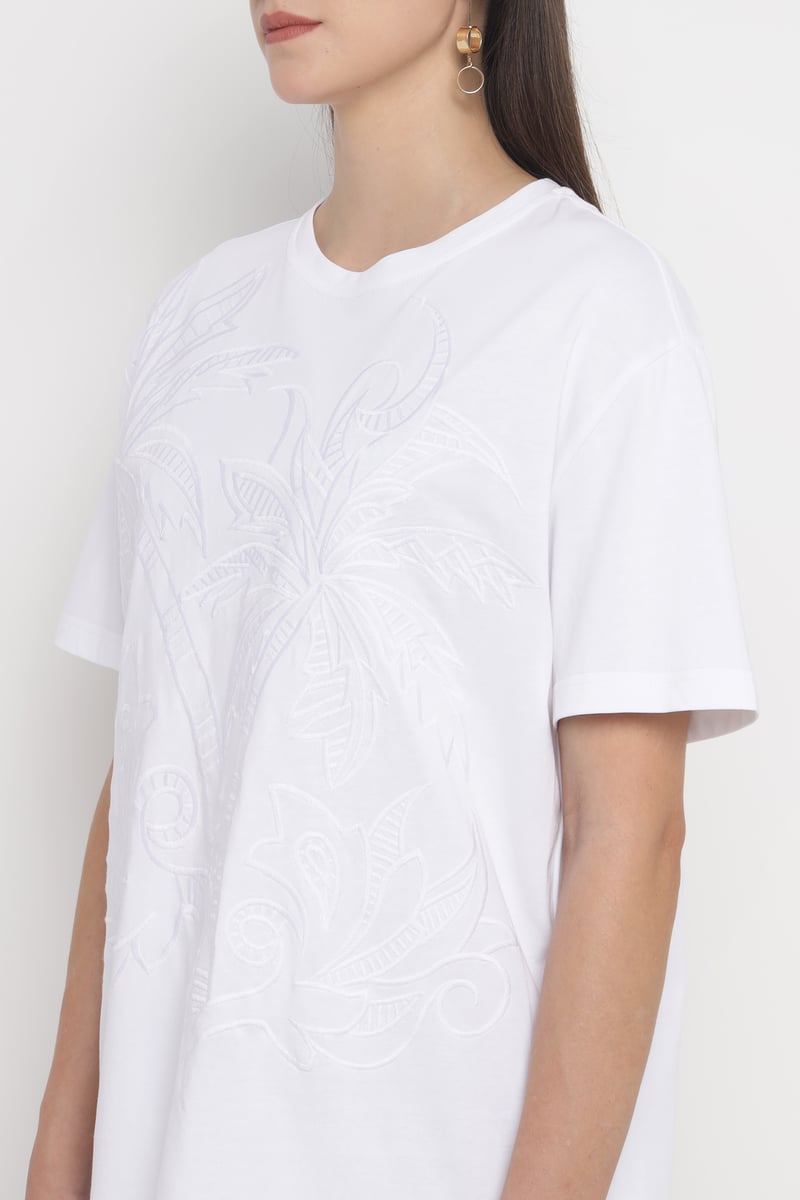 White Cotton Jersey T-Shirt with Tonal Embroidery