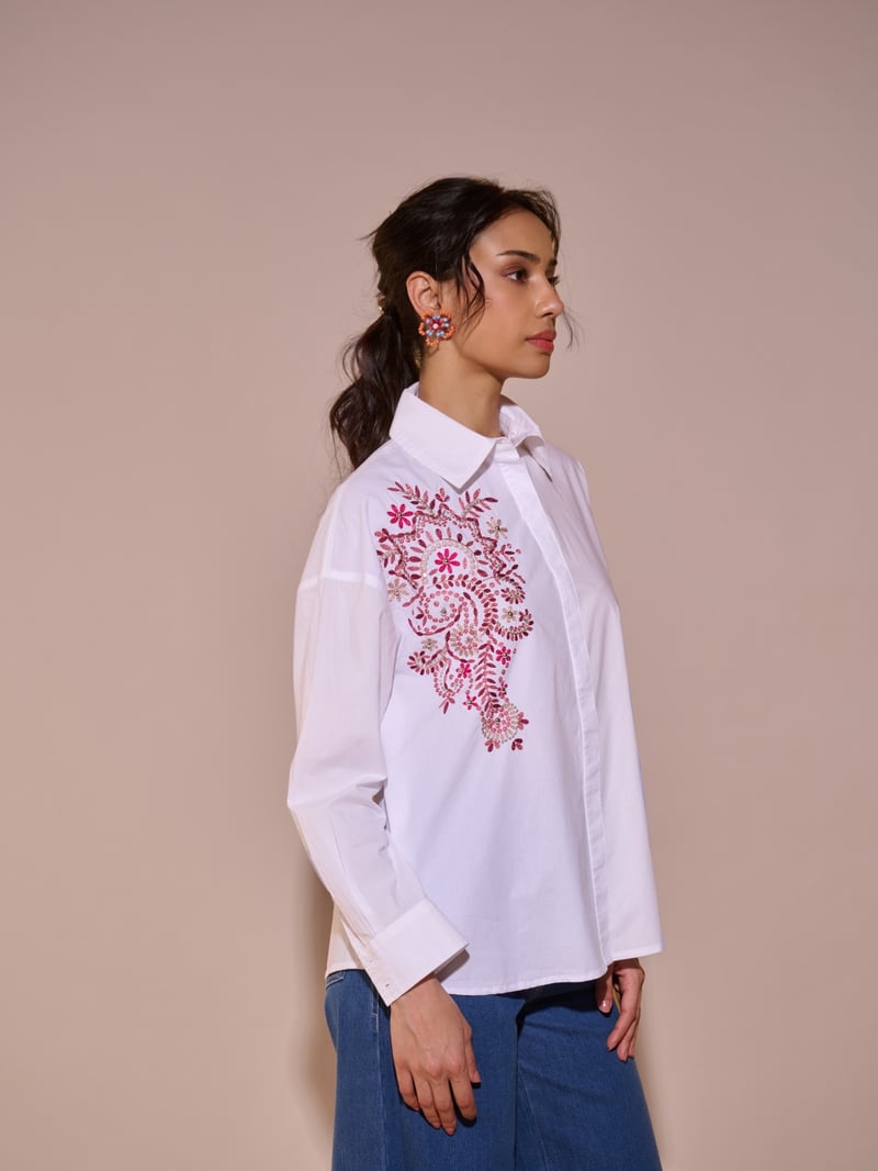 White Cotton Embroidered Button-Down Shirt