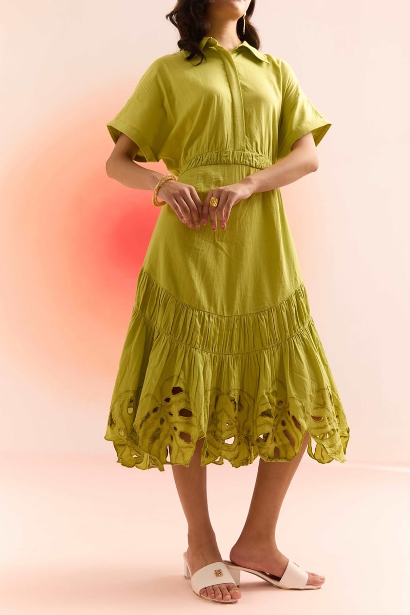 Lime Green Fit and Flare Maxi Dress with Cutwork Hem