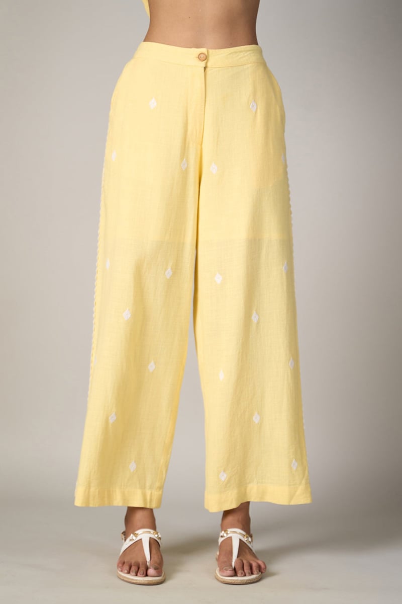 Yellow Wide-Leg Embroidered Viscose Trousers