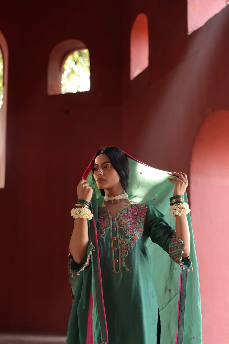 Floral Embroidered Suit Set Green