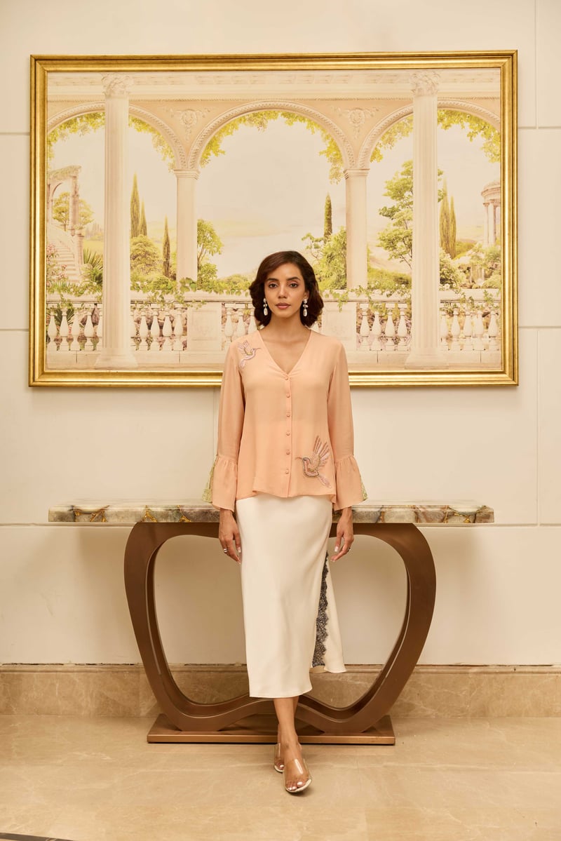 Serenade Peach Hand Embroidered French Lace Crepe Silk Top