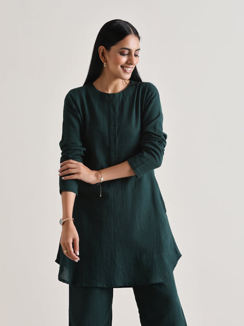 Dark Green Cotton Dobby Co-ord Set with Front Placket