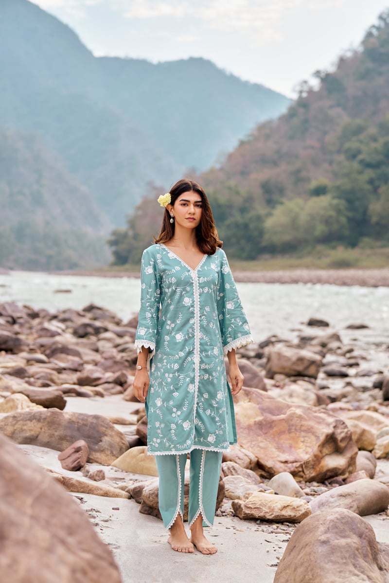 Blue Cotton Embroidered Kurta Set with Dupatta