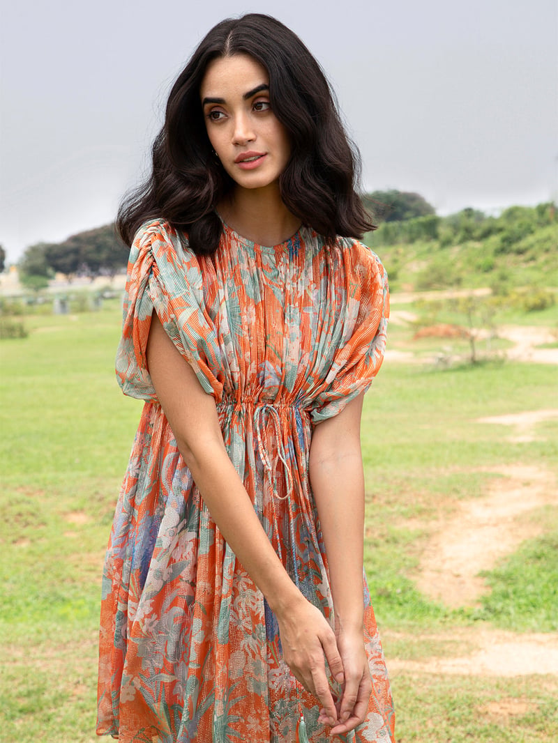 Orange Floral Pleated Kaftan Mini Dress