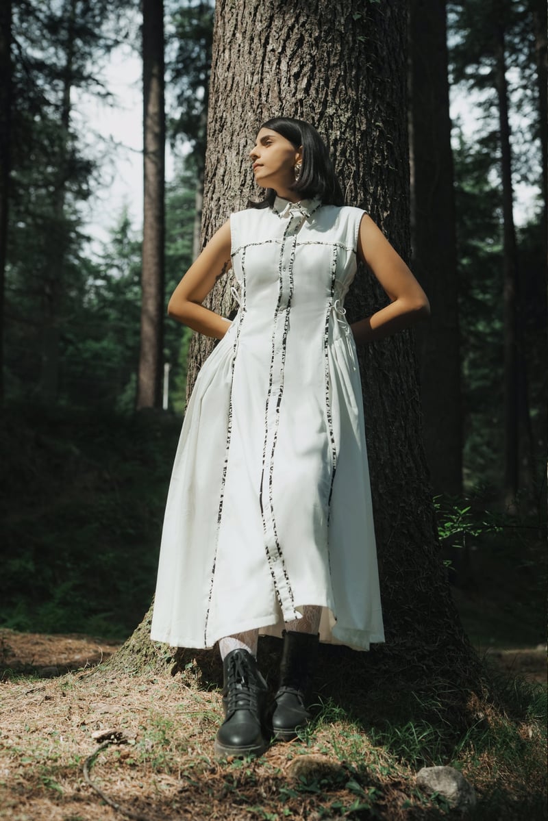 White Midi Shirt Dress with Contrast Piping and Side Tie