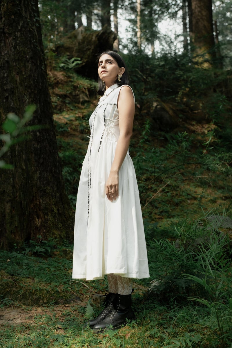 White Midi Shirt Dress with Contrast Piping and Side Tie