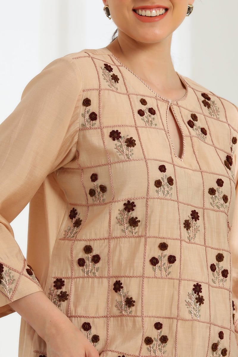 Aure Beige Hand Embroidered French Lace Silk Linen Kurta Set