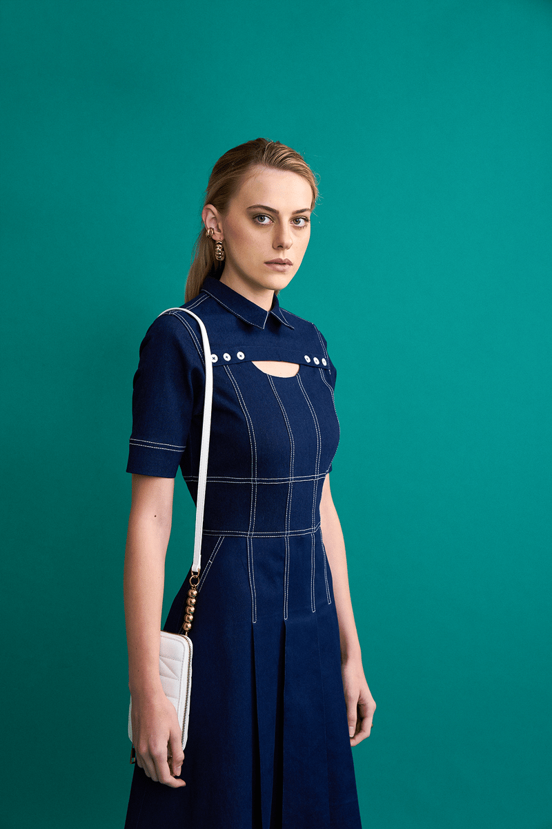 Navy Denim Fit and Flare Midi Dress with Cut-Out Neck