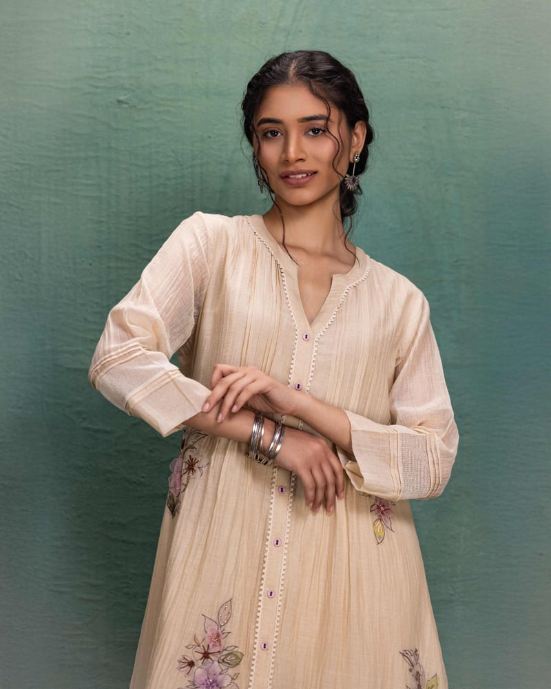 Cream Chanderi Embroidered Kurta and Pant Co-ord Set