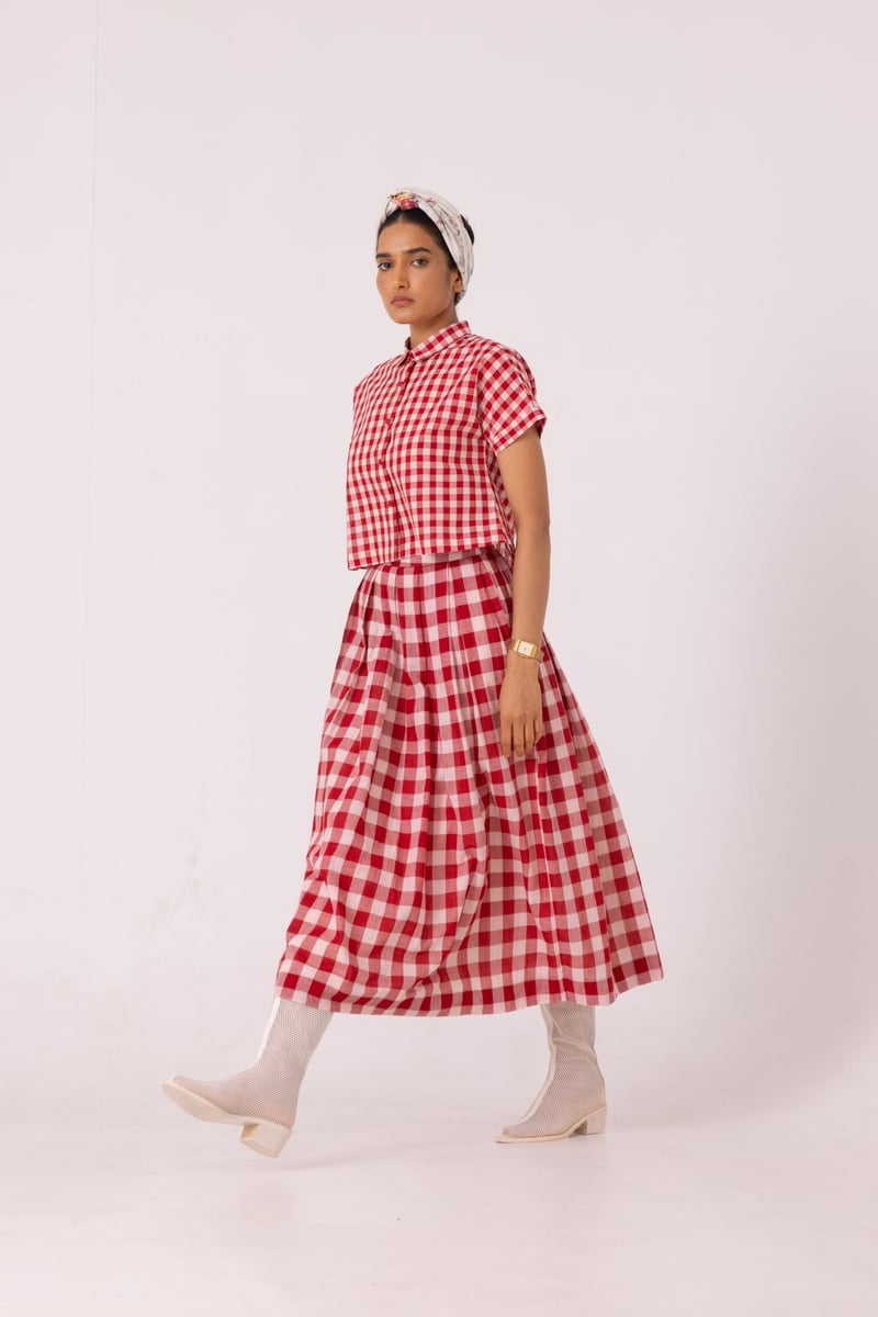 Red Checked Handwoven Cotton Midi Skirt with Box Pleats