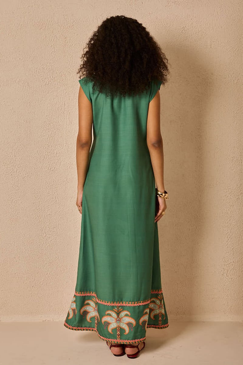 Green Placement Print Fit and Flare Maxi Dress