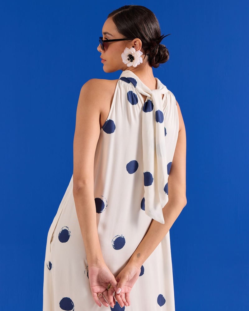 Blue/White Polka Dot Halter Neck Tiered Maxi Dress