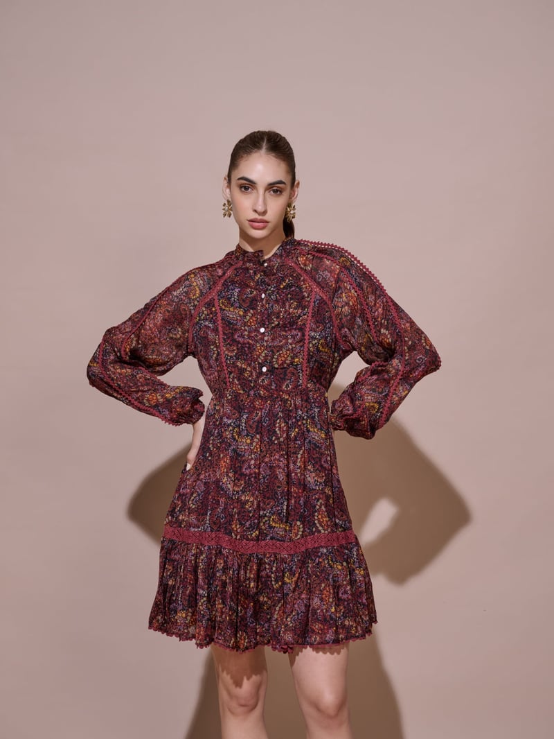 Wine Floral Printed Tiered Knee-Length Dress