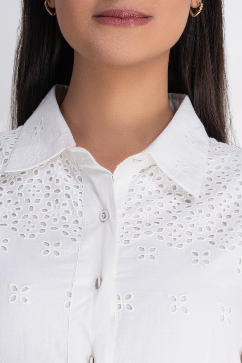 White Schiffli Cutwork Maxi Shirt Dress