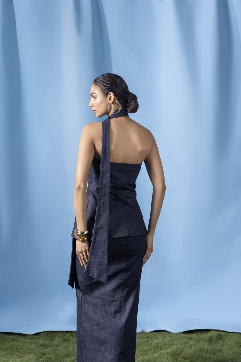 Navy Denim Tube Top and Maxi Slit Skirt Co-ord Set