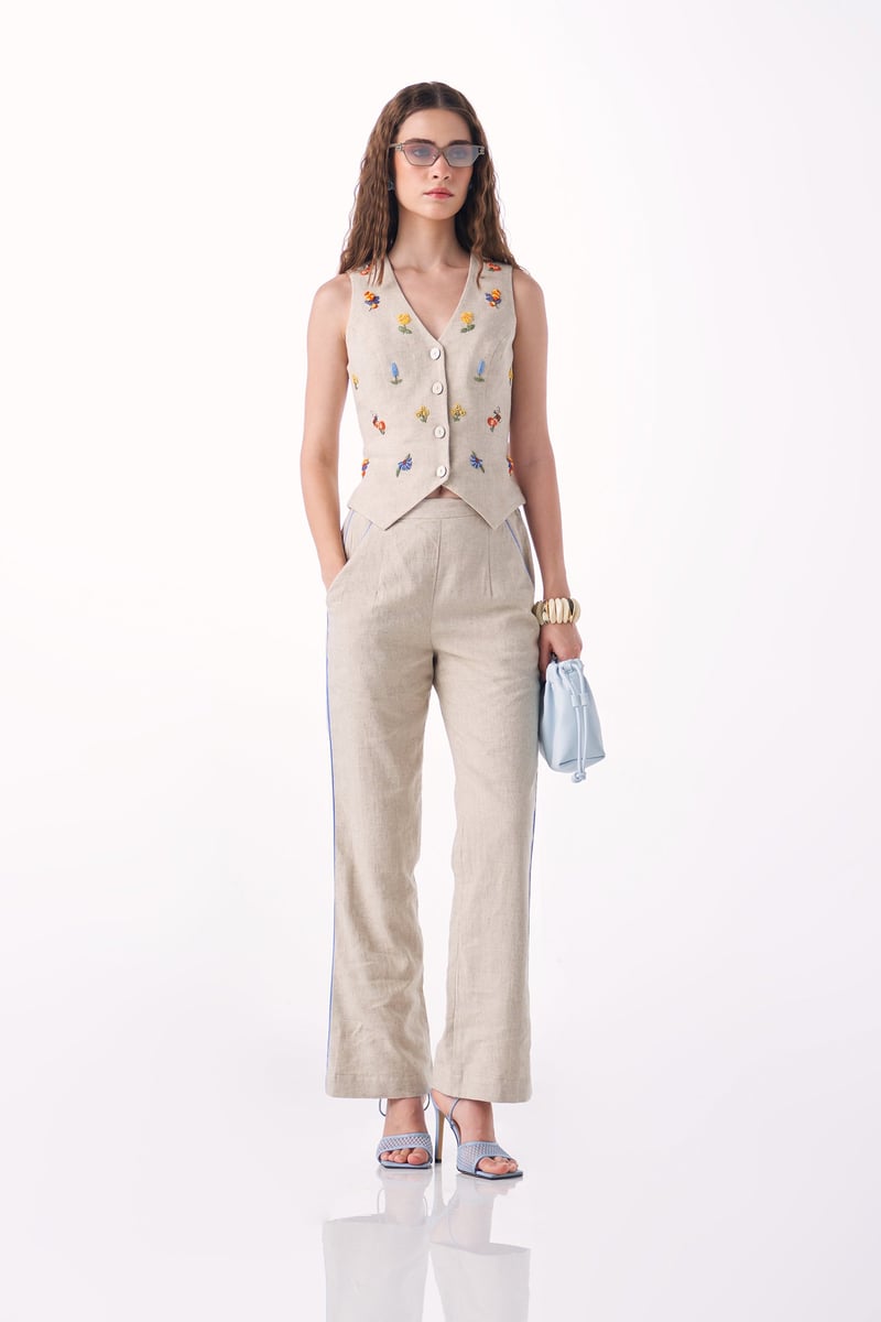 Neutral Linen Embroidered Waistcoat and Pants Co-ord Set