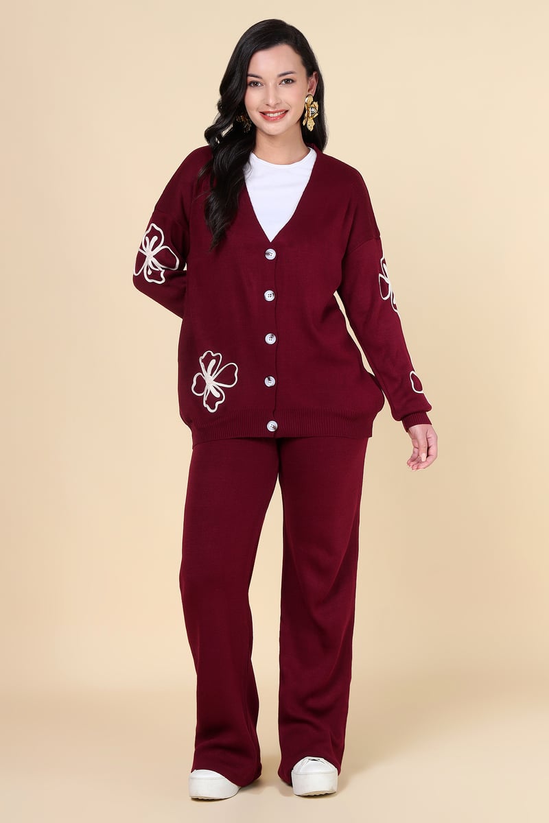 Burgundy Knit Cardigan and Wide-Leg Pants Co-ord Set