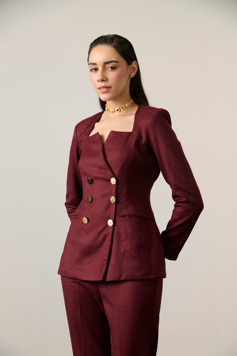 Maroon Tweed Double-Breasted Blazer Co-ord Set
