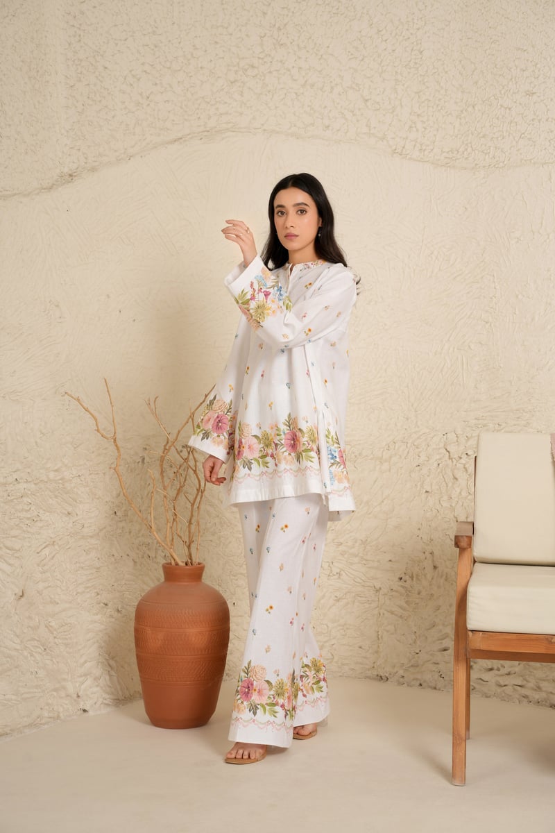 White Cotton Linen Floral Kurta and Trouser Set