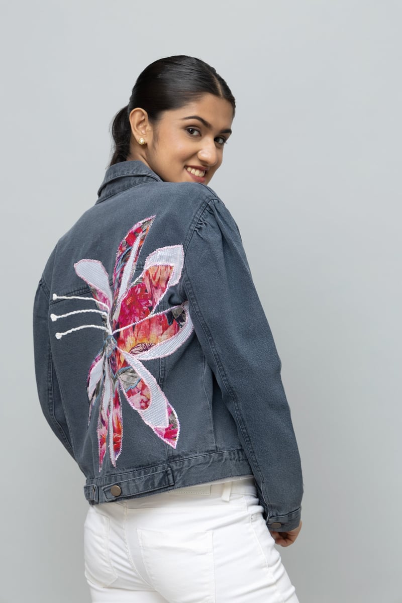 Smoke Grey Denim Jacket with Oversized Floral Applique