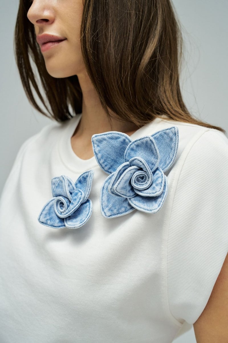 White Cotton T-Shirt with Denim Floral Applique