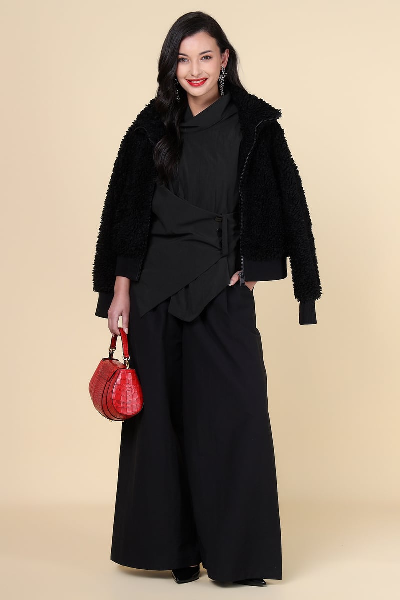 Black High Neck Sleeveless Wrap Top with Tie Waist