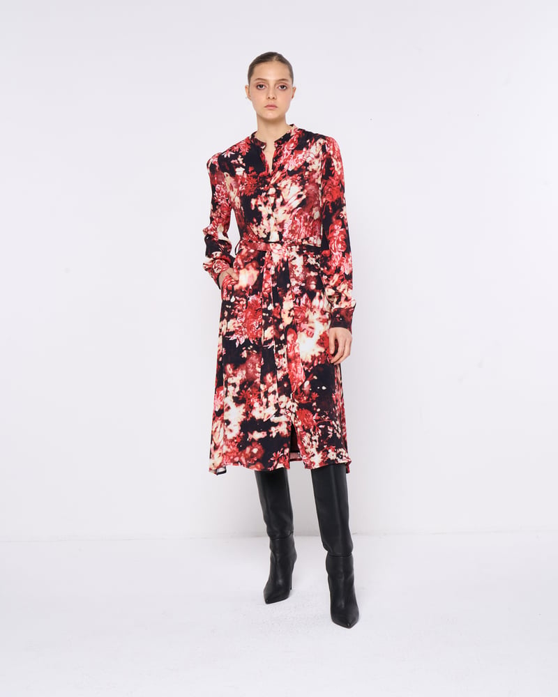 Red Floral Printed Belted Midi Shirt Dress — SILVIAN HEACH