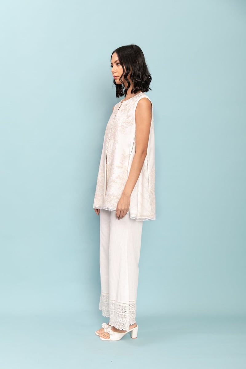 Ivory A-Line Sleeveless Tunic Set with Tonal Embroidery