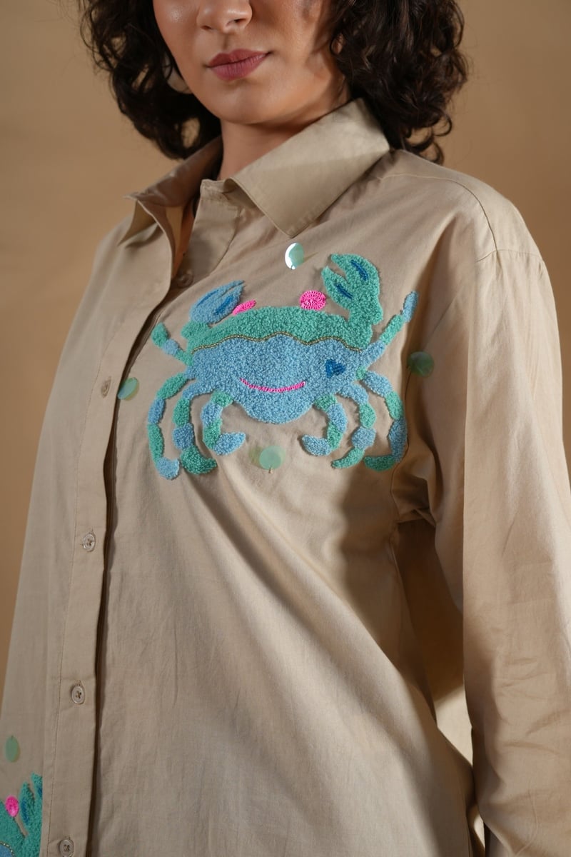 Beige Cotton Crab Embroidered Button-Down Shirt