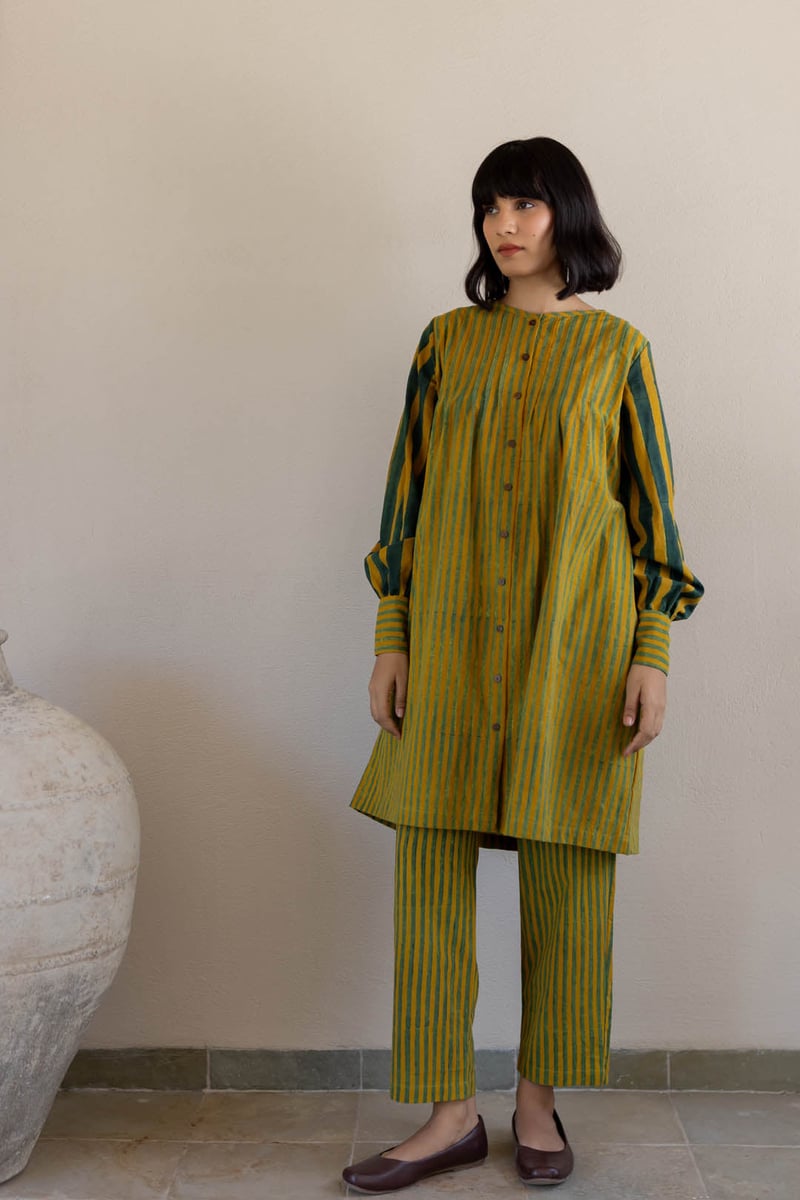 Moss Leaf Striped Cotton Tunic and Pant Co-ord Set