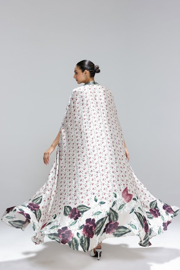 Beige Floral Bustier, Draped Maxi Skirt and Shrug Set