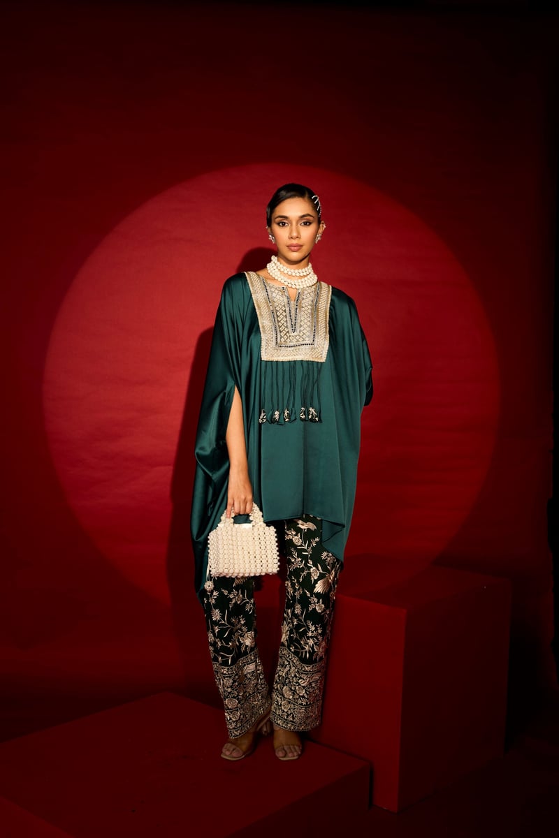 Green Satin Silk Kaftan Top and Pants Co-ord Set