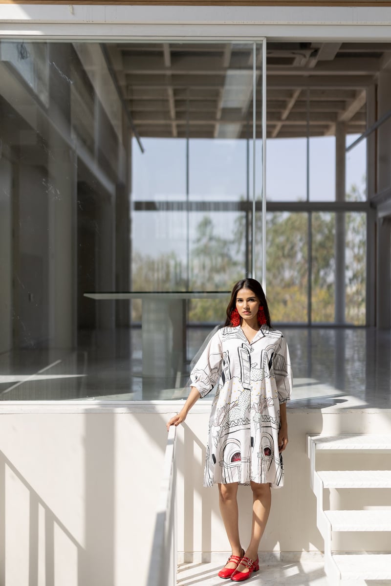 White Graphic Print Shirt Dress