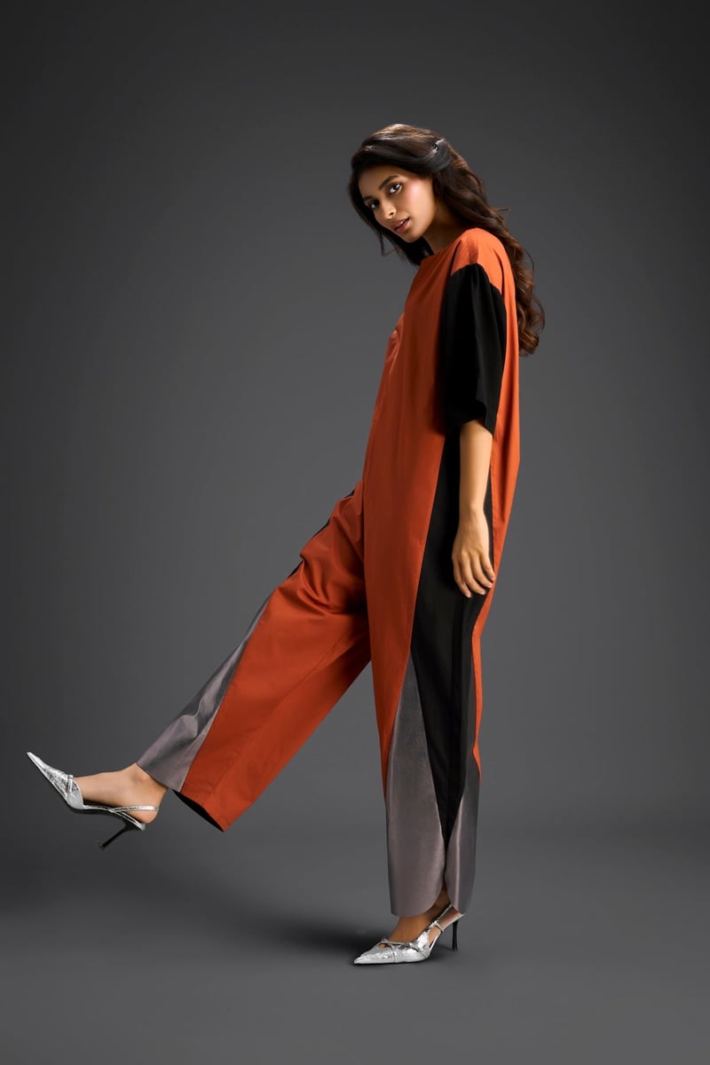Rust Colorblock Jumpsuit with Metallic Panel Detail