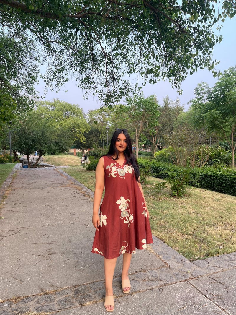 Rust Floral Khadi Midi Dress with Scallop V-Neck